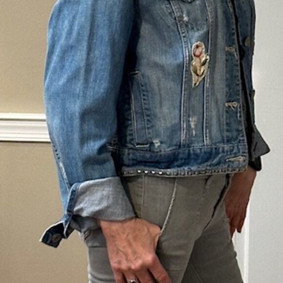 American Eagle Upcycled Patchwork Floral Design Jean Jacket OOAK Boho Size XL - Picture 2 of 9